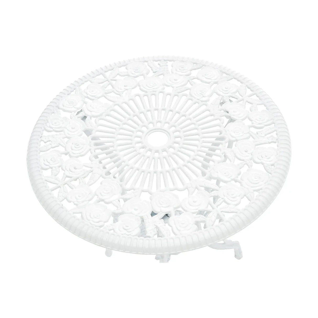 Set da giardino vintage 3 pezzi in alluminio bianco, composto da tavolo con foro per ombrellone e due sedie decorate in stile floreale
