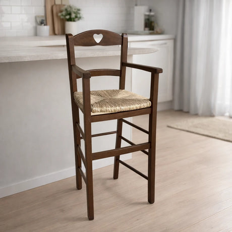 Seggiolone in legno di faggio per bambini con seduta in paglia intrecciata, stile rustico classico