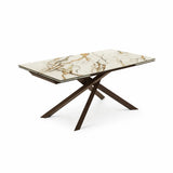 Tavolo Cross allungabile con struttura incrociata in metallo e piano in ceramica opaca su vetro, elegante e moderno per sala da pranzo