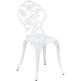 Set da giardino vintage 3 pezzi in alluminio bianco, composto da tavolo con foro per ombrellone e due sedie decorate in stile floreale
