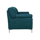 Divano 2 posti GIADA color petrolio con tessuto idrorepellente, piedini in metallo, braccioli morbidi e seduta imbottita. Stile moderno e comfort totale.