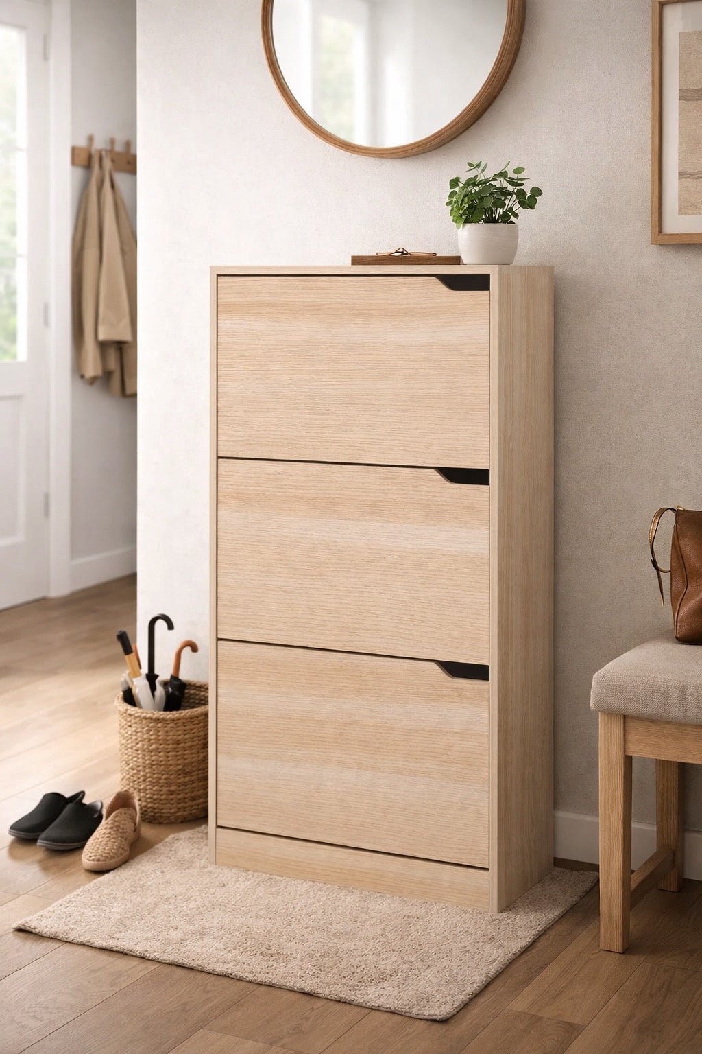 Scarpiera salvaspazio 3 ante ribalta doppia profondità in legno grigio o olmo, compatta ed elegante per ogni ambiente