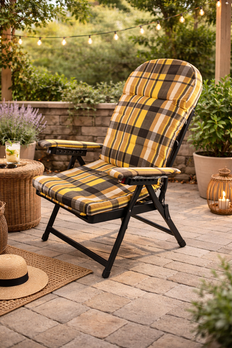 Sdraio Madrid Super Lusso reclinabile con cuscino imbottito, struttura in ferro e poggiapiedi estensibile