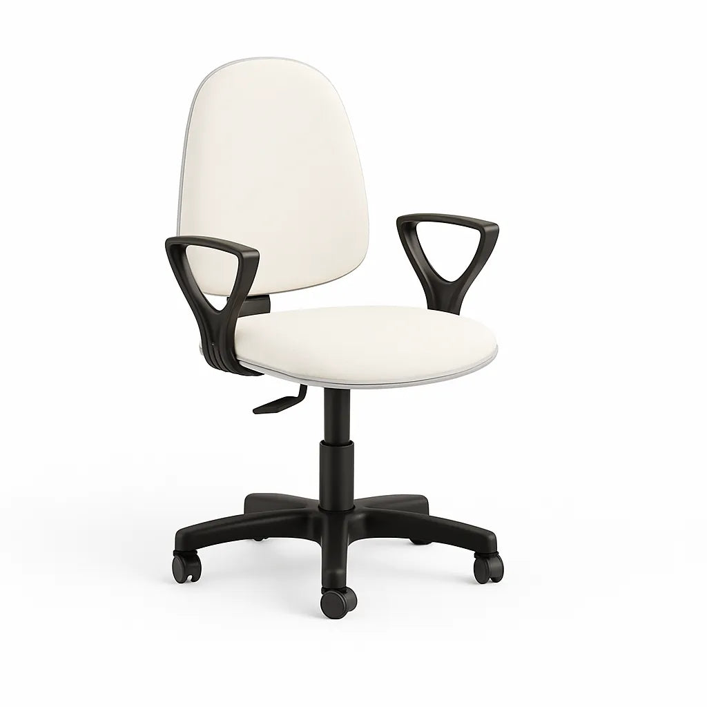 Sedia da ufficio girevole in similpelle nera con base a 5 razze e braccioli fissi