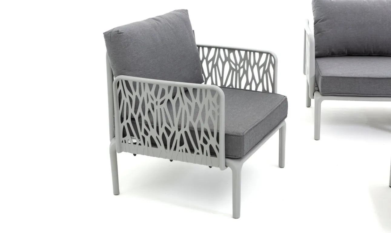 Set da giardino Hoya con divano, poltrone e tavolino in resina bianco e GRIGIO
