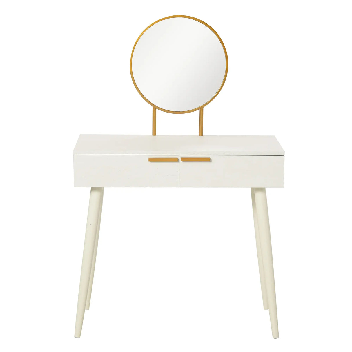 Toeletta da Trucco Bianca con Specchio Oro, 2 Cassetti e Gambe in Legno – Design Elegante per Camera da Letto