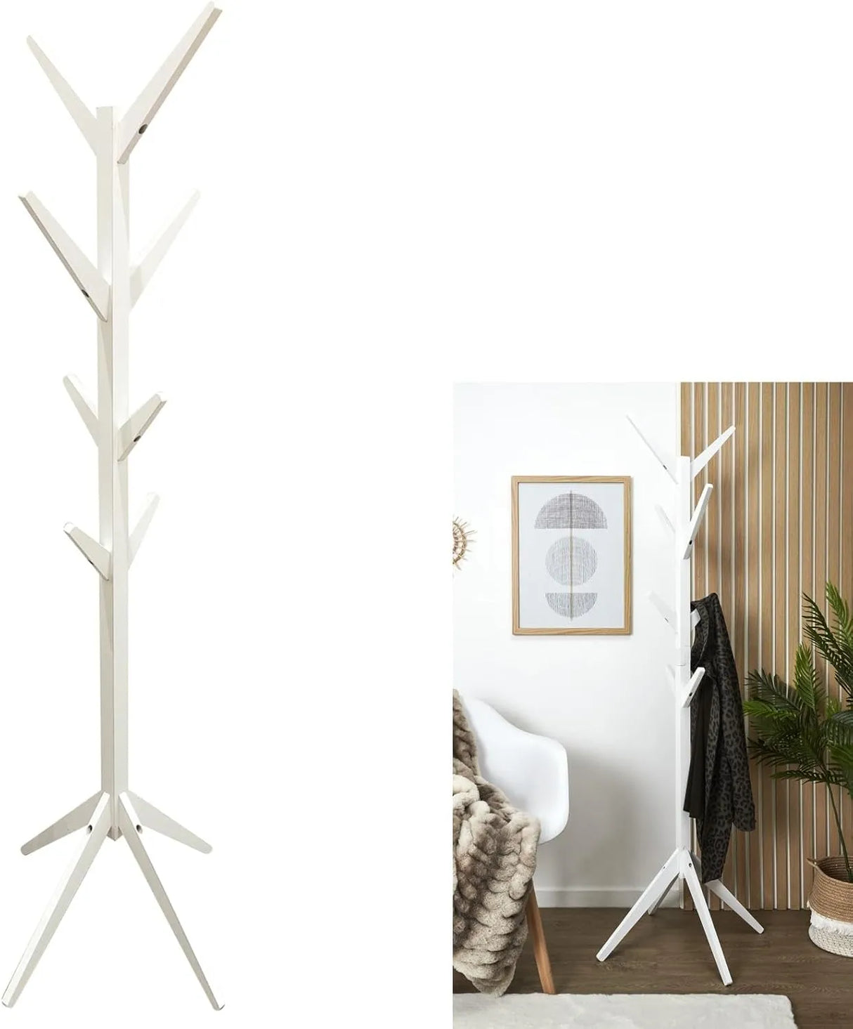 Appendiabiti da terra a forma di albero in metallo verniciato bianco, ideale per ingresso, camera da letto o ufficio moderno

