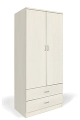 Armadio moderno a 2 ante e 2 cassetti con asta appendiabiti, struttura solida e spazio interno ottimizzato per vestiti e biancheria.