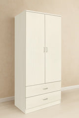 Armadio moderno a 2 ante e 2 cassetti con asta appendiabiti, struttura solida e spazio interno ottimizzato per vestiti e biancheria.