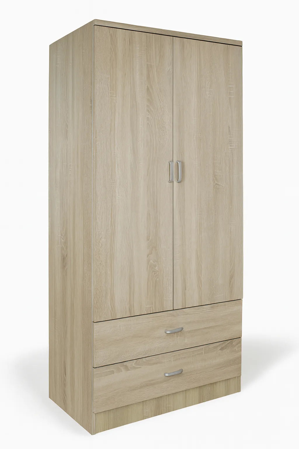 Armadio moderno a 2 ante e 2 cassetti con asta appendiabiti, struttura solida e spazio interno ottimizzato per vestiti e biancheria.