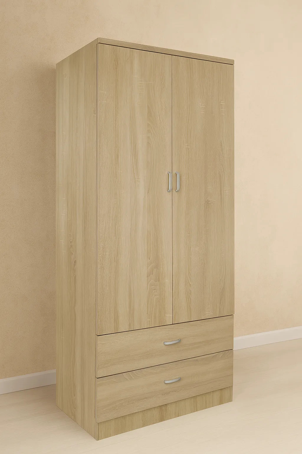 Armadio moderno a 2 ante e 2 cassetti con asta appendiabiti, struttura solida e spazio interno ottimizzato per vestiti e biancheria.