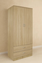 Armadio moderno a 2 ante e 2 cassetti con asta appendiabiti, struttura solida e spazio interno ottimizzato per vestiti e biancheria.