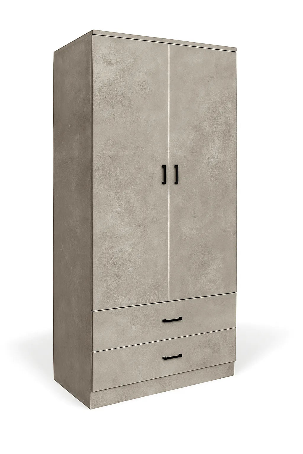 Armadio moderno a 2 ante e 2 cassetti con asta appendiabiti, struttura solida e spazio interno ottimizzato per vestiti e biancheria.