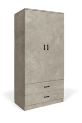 Armadio moderno a 2 ante e 2 cassetti con asta appendiabiti, struttura solida e spazio interno ottimizzato per vestiti e biancheria.