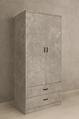 Armadio moderno a 2 ante e 2 cassetti con asta appendiabiti, struttura solida e spazio interno ottimizzato per vestiti e biancheria.