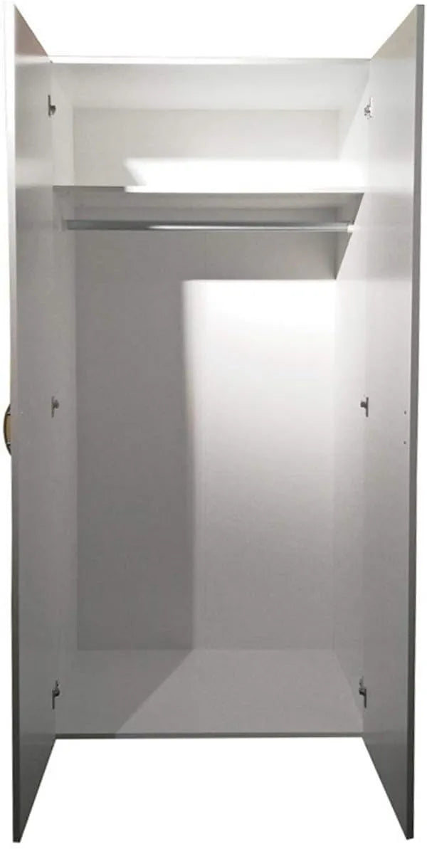 Armadio moderno a 2 ante e 2 cassetti con asta appendiabiti, struttura solida e spazio interno ottimizzato per vestiti e biancheria.