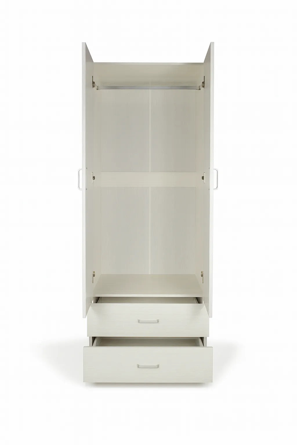 Armadio moderno a 2 ante e 2 cassetti con asta appendiabiti, struttura solida e spazio interno ottimizzato per vestiti e biancheria.