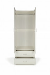 Armadio moderno a 2 ante e 2 cassetti con asta appendiabiti, struttura solida e spazio interno ottimizzato per vestiti e biancheria.