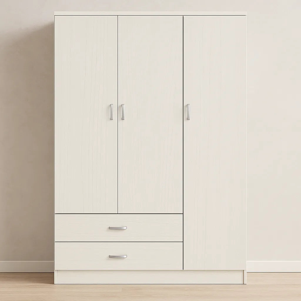 Armadio moderno a 3 ante e 2 cassetti con chiusura soft-close e tubo appendiabiti, ideale per camere da letto eleganti e funzionali.