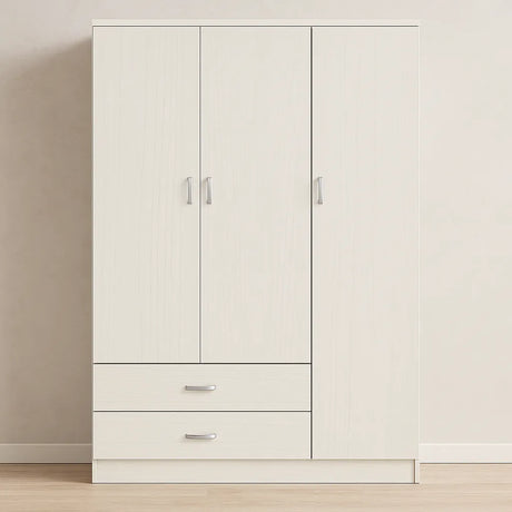 Armadio moderno a 3 ante e 2 cassetti con chiusura soft-close e tubo appendiabiti, ideale per camere da letto eleganti e funzionali.