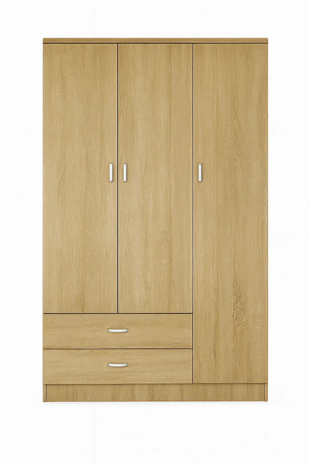 Armadio moderno a 3 ante e 2 cassetti con chiusura soft-close e tubo appendiabiti, ideale per camere da letto eleganti e funzionali.