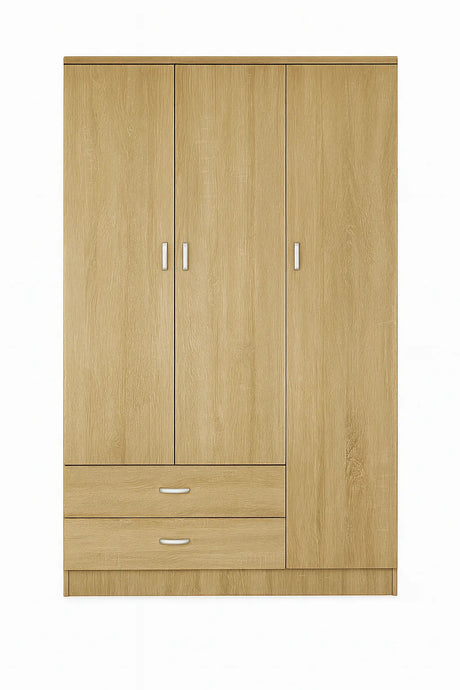 Armadio moderno a 3 ante e 2 cassetti con chiusura soft-close e tubo appendiabiti, ideale per camere da letto eleganti e funzionali.