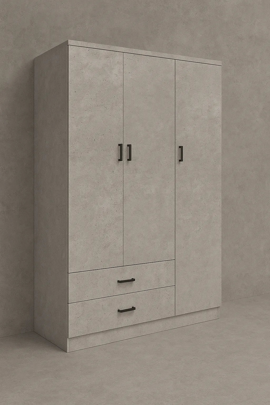 Armadio moderno a 3 ante e 2 cassetti con chiusura soft-close e tubo appendiabiti, ideale per camere da letto eleganti e funzionali.