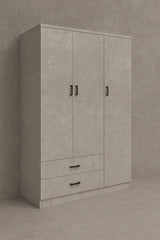 Armadio moderno a 3 ante e 2 cassetti con chiusura soft-close e tubo appendiabiti, ideale per camere da letto eleganti e funzionali.