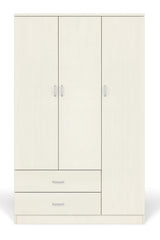 Armadio moderno a 3 ante e 2 cassetti con chiusura soft-close e tubo appendiabiti, ideale per camere da letto eleganti e funzionali.