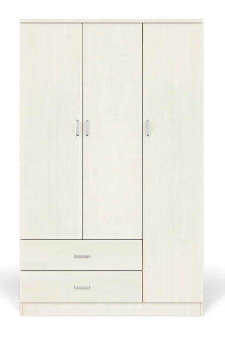 Armadio moderno a 3 ante e 2 cassetti con chiusura soft-close e tubo appendiabiti, ideale per camere da letto eleganti e funzionali.