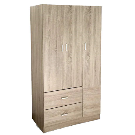 Armadio moderno a 3 ante e 2 cassetti con chiusura soft-close e tubo appendiabiti, ideale per camere da letto eleganti e funzionali.