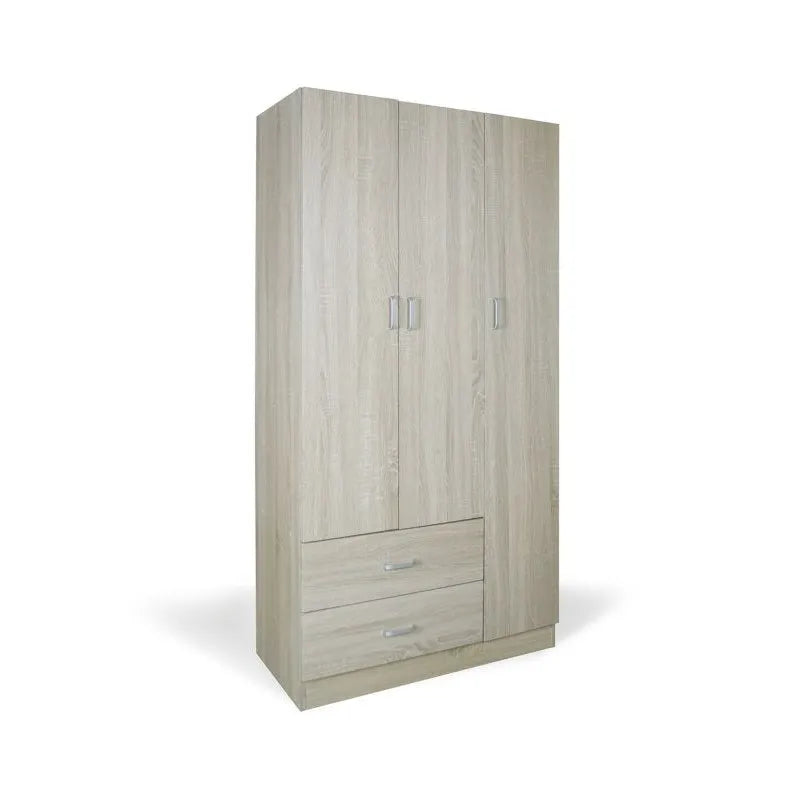 Armadio moderno a 3 ante e 2 cassetti con chiusura soft-close e tubo appendiabiti, ideale per camere da letto eleganti e funzionali.