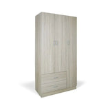Armadio moderno a 3 ante e 2 cassetti con chiusura soft-close e tubo appendiabiti, ideale per camere da letto eleganti e funzionali.