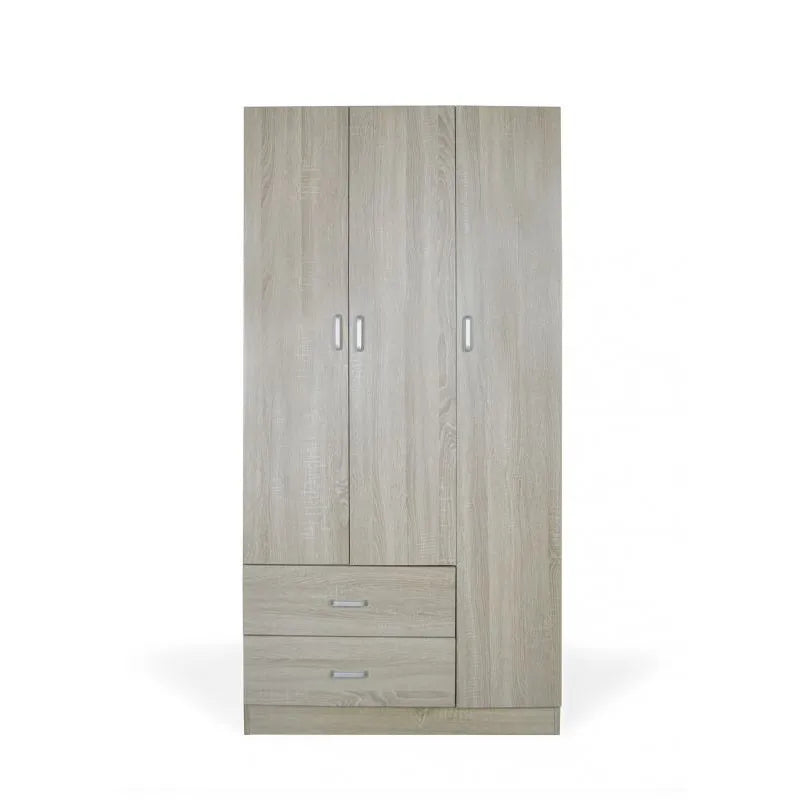 Armadio moderno a 3 ante e 2 cassetti con chiusura soft-close e tubo appendiabiti, ideale per camere da letto eleganti e funzionali.