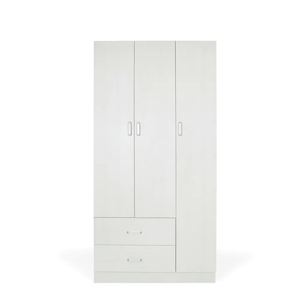 Armadio moderno a 3 ante e 2 cassetti con chiusura soft-close e tubo appendiabiti, ideale per camere da letto eleganti e funzionali.