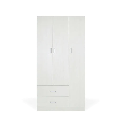 Armadio moderno a 3 ante e 2 cassetti con chiusura soft-close e tubo appendiabiti, ideale per camere da letto eleganti e funzionali.
