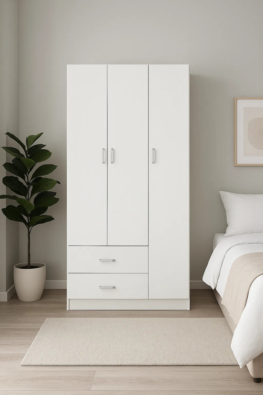 Armadio moderno a 3 ante e 2 cassetti con chiusura soft-close e tubo appendiabiti, ideale per camere da letto eleganti e funzionali.