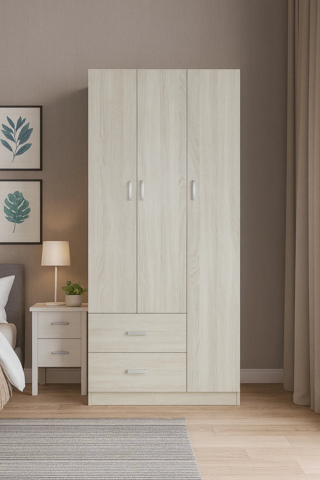 Armadio moderno a 3 ante e 2 cassetti con chiusura soft-close e tubo appendiabiti, ideale per camere da letto eleganti e funzionali.