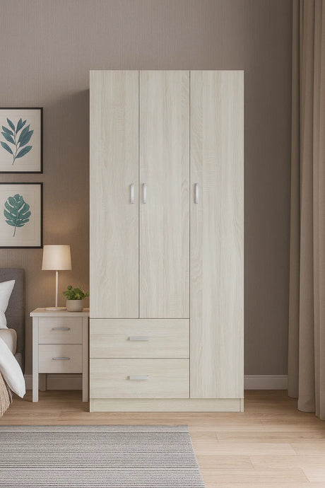 Armadio moderno a 3 ante e 2 cassetti con chiusura soft-close e tubo appendiabiti, ideale per camere da letto eleganti e funzionali.