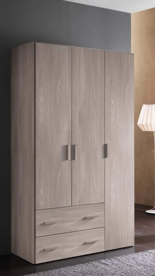 Armadio 3 ante e 2 cassetti in legno, colore olmo o bianco frassino

