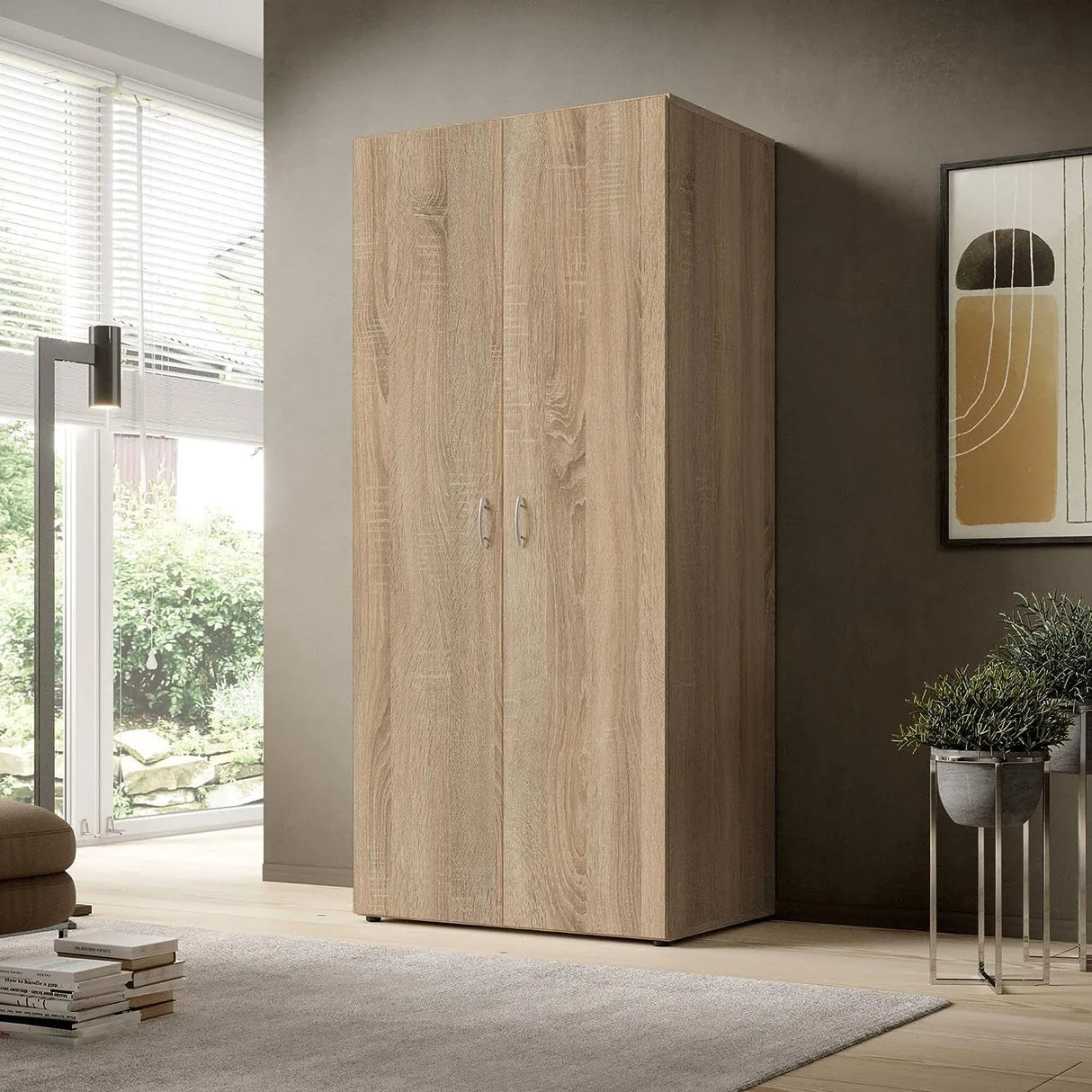 Armadio scarpiera moderno a 2 ante con finitura effetto quercia e ripiani regolabili, ideale per piccoli spazi, camere o ingressi.