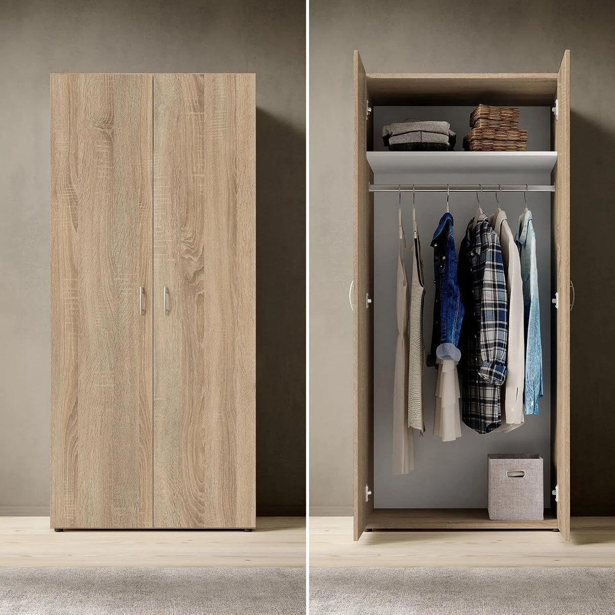 Armadio scarpiera moderno a 2 ante con finitura effetto quercia e ripiani regolabili, ideale per piccoli spazi, camere o ingressi.