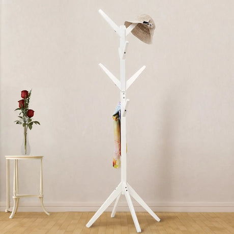 Attaccapanni appendiabiti a piantana in legno di pino bianco con 8 ganci e base stabile.