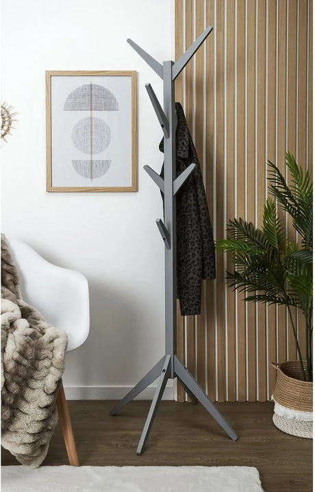 Attaccapanni appendiabiti a piantana in legno di pino grigio con 8 ganci e base stabile.