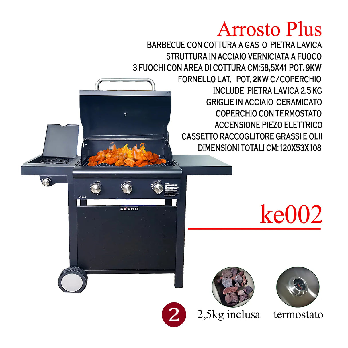 Barbecue a gas KEGRILL 3 fuochi con fornello laterale, pietra lavica, griglia, termometro inox e ruote, ideale per grigliate all’aperto professionali.

