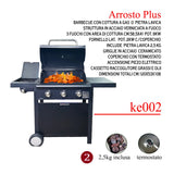 Barbecue a gas KEGRILL 3 fuochi con fornello laterale, pietra lavica, griglia, termometro inox e ruote, ideale per grigliate all’aperto professionali.

