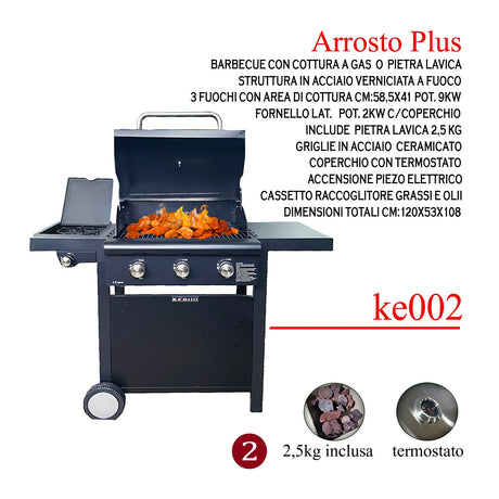 Barbecue a gas KEGRILL 3 fuochi con fornello laterale, pietra lavica, griglia, termometro inox e ruote, ideale per grigliate all’aperto professionali.

