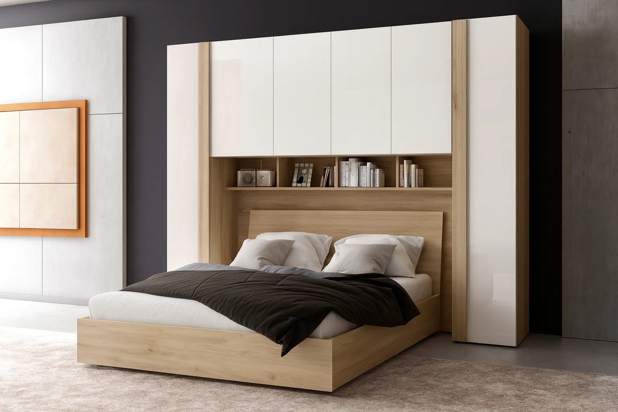 Camera Brassia a ponte in rovere e bianco lucido con letto matrimoniale e libreria integrata – Europa Mobili