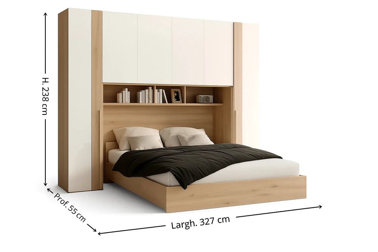 Camera Brassia a ponte in rovere e bianco lucido con letto matrimoniale e libreria integrata – Europa Mobili