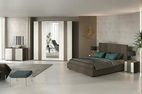 Camera da letto moderna Alba con letto contenitore e armadio antracite con frontali spatolati